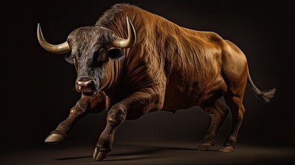 Fototapeta premium Bull with horns stands full length on isolated black background, generative ai