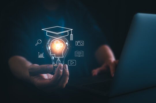 Man holding lightbulb showing graduation hat, Internet education course degree, knowledge creative thinking idea problem-solving solution, E-learning graduate certificate program concept