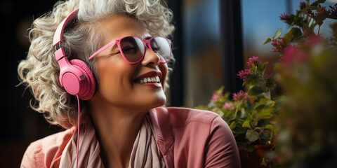 active senior woman enjoying music using headphones.