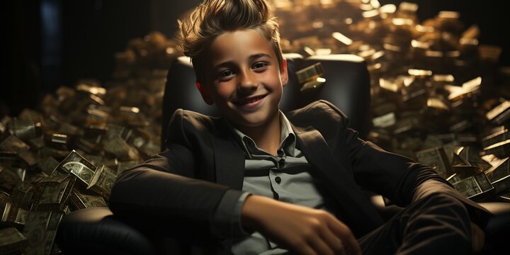 Happy and shouting millionaire boy rich kid sits in a large, luxurious armchair with a large amount of cash as banknotes fall..