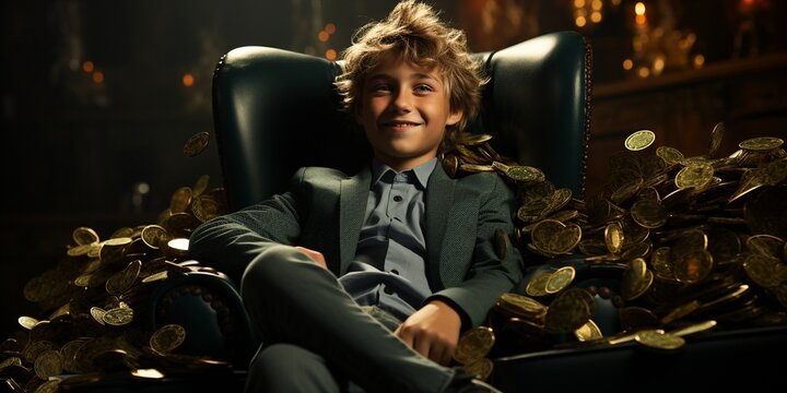 Happy and shouting millionaire boy rich kid sits in a large, luxurious armchair with a large amount of cash as banknotes fall.. - Powered by Adobe