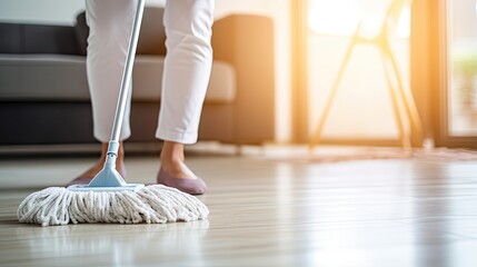 Woman mopping floor of room with mop, close up. Housekeeping concept, with woman washing floor with mop, generative ai - obrazy, fototapety, plakaty