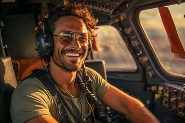 Close up view from outside of a pilot in a cockpit with headphones