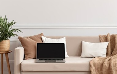 Laptop on sofa in comfortable minimalist living room, generative ai