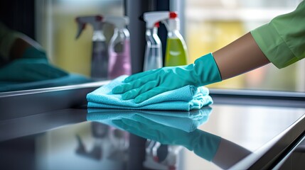 Woman hand in rubber protective glove with microfiber rag wiping kitchen furniture surface, generative ai