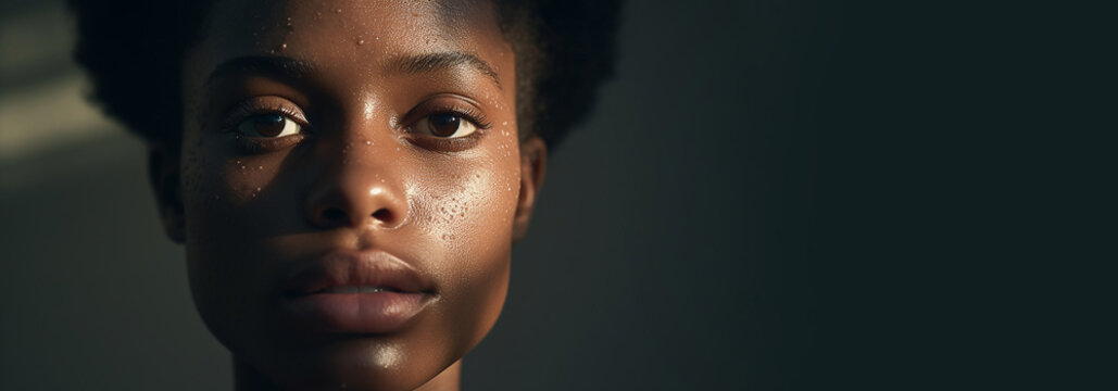 National Acne Positivity Day. Portrait of confident Black African Woman Acne Skin. Closeup of girl With Hormonal Acne Pimples skin
