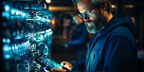 photo of two teenage techs working in a server room and using a tablet computer.