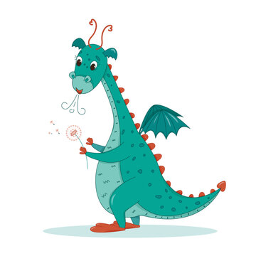 Cute green dragon. character holding a dandelion. cartoon vector style. symbol of the year 2024