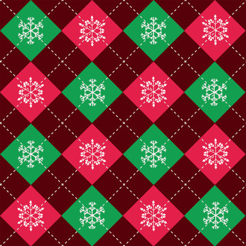 Christmas Red And Green Plaid Argyle Seamless Pattern With Snowflakes On Dark Burgundy Background . For Winter Clothing, Textile And Fabric 