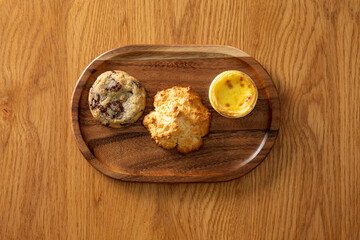 Strawberry latte, Jolly Pong shake, scones, cookies, coffee