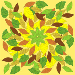 Naklejka na ściany i meble Vector abstract autumn illustration in the form of colorful leaves arranged in a circle on a yellow background