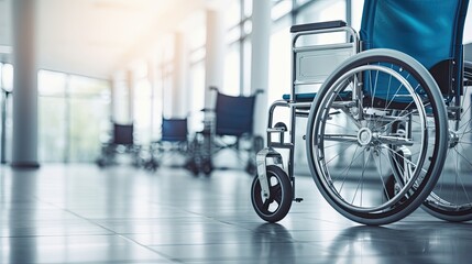 Empty wheelchair inside of hospital corridor, generative ai
