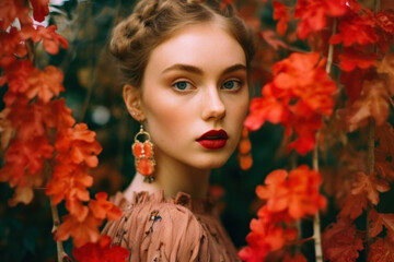 Naklejka premium portrait of a woman/model/book character in autumn colours cottage core leafs October setting in a fashion/beauty editorial magazine style film photography look