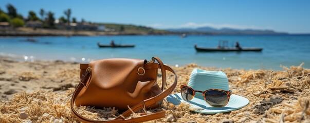 During the summer, sunglasses, a straw hat, and a purse are seen on a beach towel at a lovely beach with a clear ocean and a blue sky..