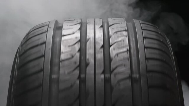 Rotating Tire in Smoke. The spinning wheel rubs against the asphalt and creates a cloud of white smoke on a black background