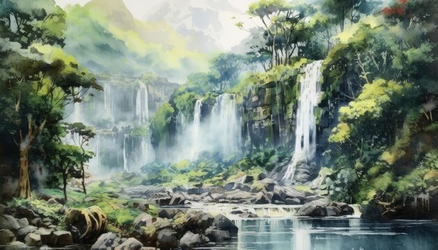 Watercolor painting of waterfall in forest.