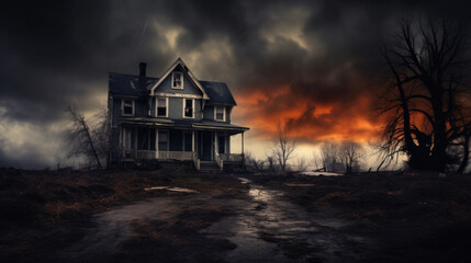 Spooky Haunted House under Ominous Sky