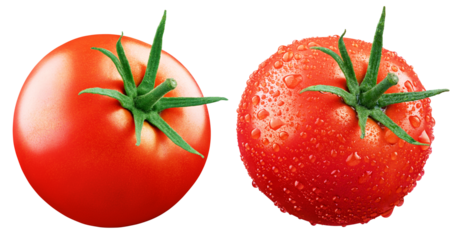 Ripe fresh red tomato with water drop and without isolated on transparent background