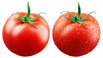 Ripe fresh red tomato with water drop and without isolated on transparent background