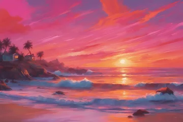 Keuken foto achterwand Roze Breathtaking sunset over a serene coastal landscape with vibrant hues of orange and pink