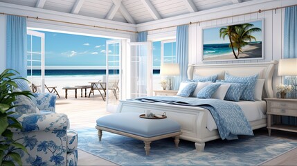 Contemporary Coastal Bedroom Interior with Blue Decor - 3D Render