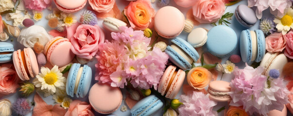 Fototapeta na wymiar Colorful French Dessert Macaroons and flowers flat lay