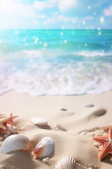 Fototapeta na wymiar Landscape with seashells on tropical beach - summer holiday
