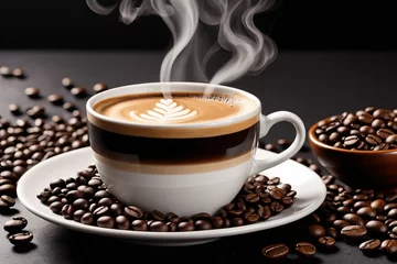 Foto op Aluminium eine Tasse Kaffee mit aufsteigendem Dampf auf einem Unterteller, umgeben von Kaffeebohnen vor dunklem Hintergrund. © Juergen Baur