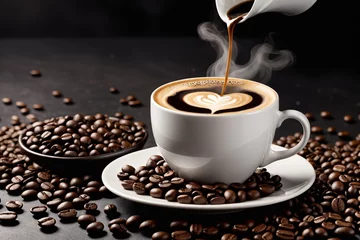 Foto op Aluminium eine Tasse Kaffee mit aufsteigendem Dampf auf einem Unterteller, umgeben von Kaffeebohnen vor dunklem Hintergrund. © Juergen Baur