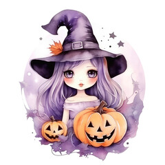 Watercolor Retro Halloween concept with Ghost, Pumpkin and witches. Spooky Season. Illustration transparent background, PNG, Generative AI