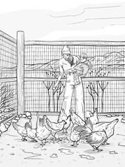 Color page with mother and her baby feeding hen in farm