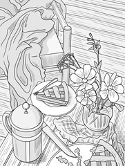 Color page with pie and tea pot and flowers. Vector sketch art