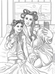 Color page with mother and her doughter make selfie. Vector sketch art