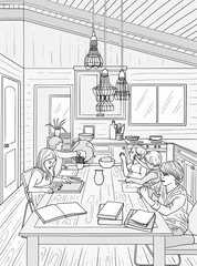 Color page with children at the table doing table games. Vector sketch art