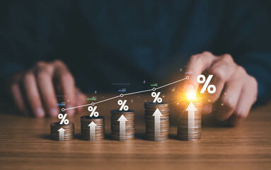 Interest rate and dividend concept, businessman calculating income and return on investment, save,...