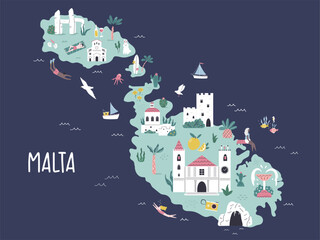 Malta island hand drawn illustrated map with attractions, travel destinations. - obrazy, fototapety, plakaty