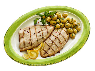 prato com delicioso filé de peixe grelhado acompanhado de batatas cozidas com ervas isolado em fundo transparente - pescada grelhada com batatas ao vapor