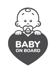Vector yellow heart sign with cute and little child head figure with bows in hair and text - Baby on board. Isolated white background.