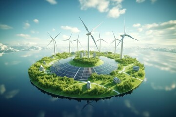 Renewable energy with green energy as windmills and solar panels on a round earth background.
