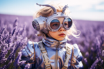 Girl dressed up as astronaut playing space explorers.