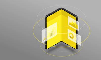 Isometric foldable colorful smartphone with flying trade elements on gradient background.