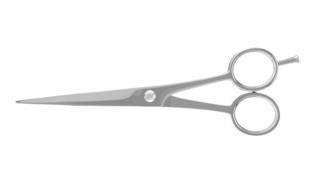 Closed shiny stainless steel hairdresser scissors isolated on transparent and white background. Barber concept. 3D render