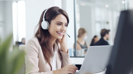 Customer service executive working at the office. Consulting corporate clients in conversation with customers using computers. Service desk consultant talking in a call center.