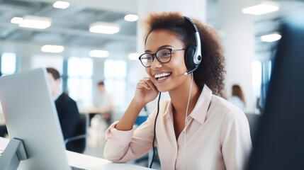 Customer service executive working at the office. Consulting corporate clients in conversation with customers using computers. Service desk consultant talking in a call center.
