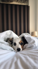 Adorable pet sitting on a hotel bed