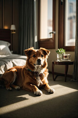 Adorable pet sitting on a hotel bed