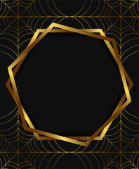 Halloween holiday vector illustration background with golden round frame and spider web