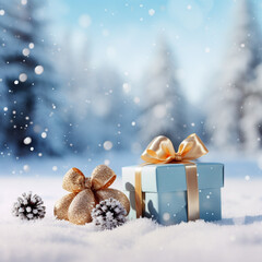 Fototapeta na wymiar Christmas gift box with golden bow on snow and bokeh background.Generative AI