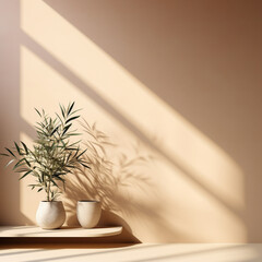 3d render of vase with plant on shelf against beige wall.Generative AI