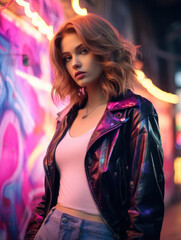 Fototapeta premium Fashion model in an urban setting, Generative AI